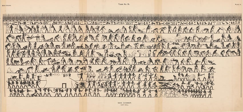 Wrestling scenes depicted on the walls of the Beni Hassan tomb.
