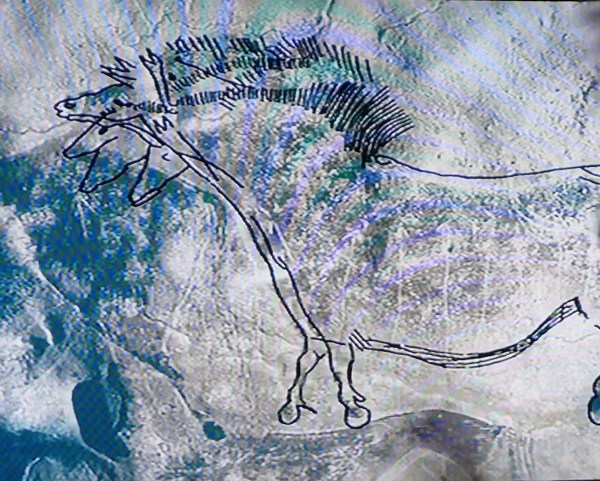 Superimposition: The five-headed horse of the Lascaux cave. Lascaux Cave, Dordogne, France.