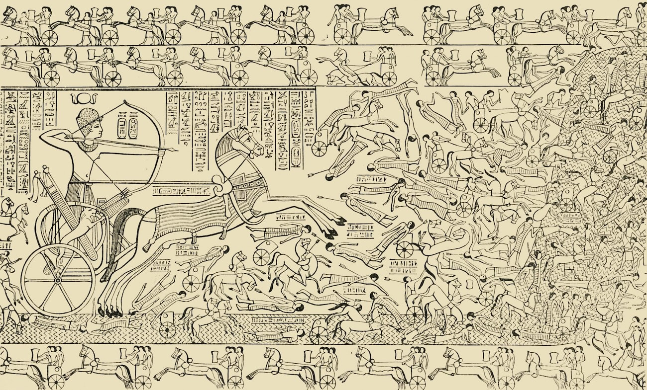 Illustration of the Battle of Kadesh relief (circa 1275 BC) at the Ramesseum memorial temple in the Theban necropolis, showing Ramesses II charging the fallen Hittite army. Photo: The Print Collector/Heritage Images via Getty Images.
