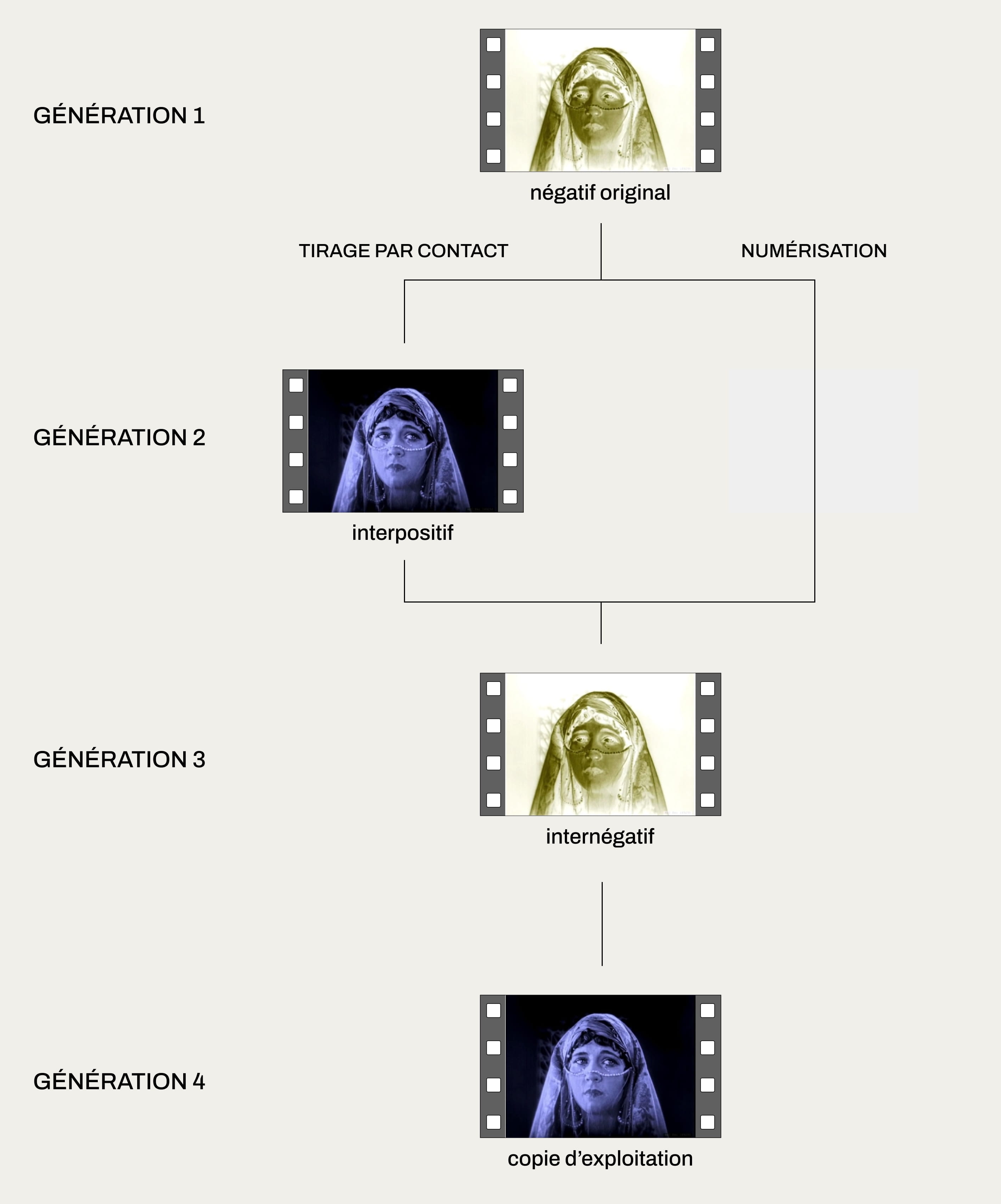 Diagram of the different generations of films produced from the original negative. null